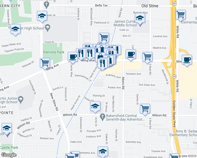 map of restaurants, bars, coffee shops, grocery stores, and more near 1964 Stine Road in Bakersfield