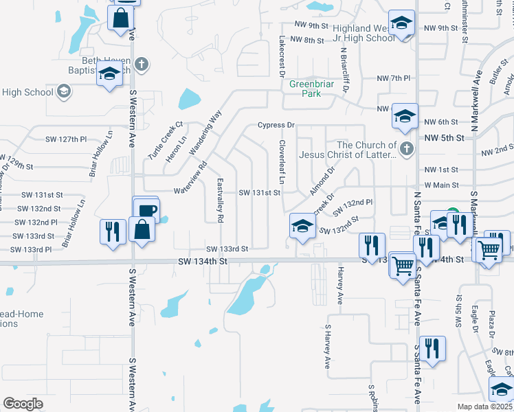 map of restaurants, bars, coffee shops, grocery stores, and more near 13216 Turtle Creek Drive in Oklahoma City
