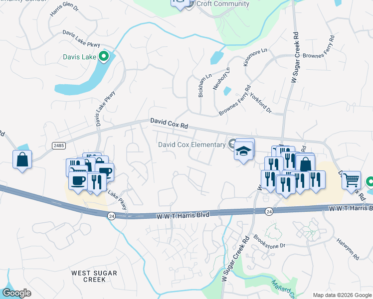 map of restaurants, bars, coffee shops, grocery stores, and more near 6429 Sackett Way in Charlotte