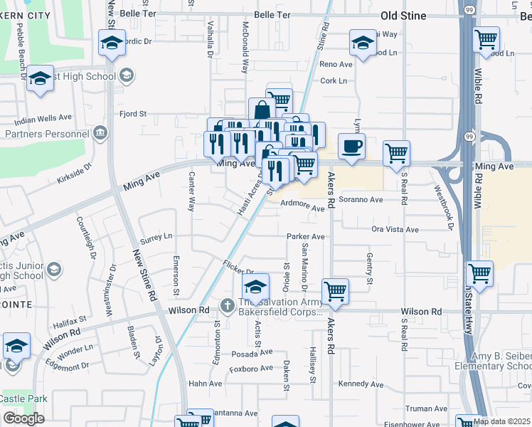 map of restaurants, bars, coffee shops, grocery stores, and more near 1958 Stine Road in Bakersfield