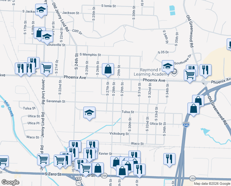 map of restaurants, bars, coffee shops, grocery stores, and more near 4801 South 28th Street in Fort Smith