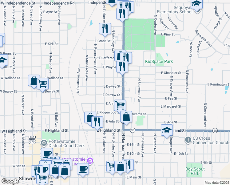 map of restaurants, bars, coffee shops, grocery stores, and more near 903 North McKinley Avenue in Shawnee