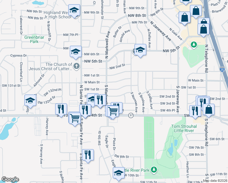 map of restaurants, bars, coffee shops, grocery stores, and more near 936 SW 1st St in Moore