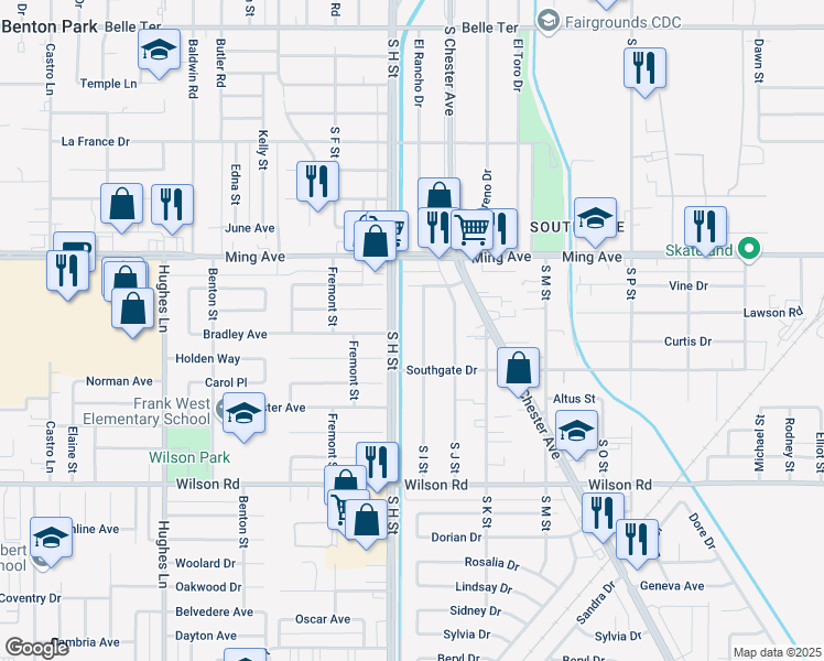 map of restaurants, bars, coffee shops, grocery stores, and more near 1921 South I Street in Bakersfield