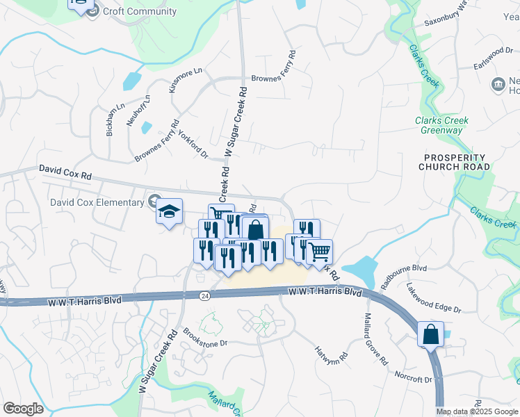 map of restaurants, bars, coffee shops, grocery stores, and more near 3742 Connery Court in Charlotte