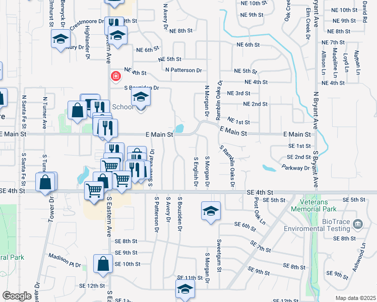 map of restaurants, bars, coffee shops, grocery stores, and more near 1108 Southeast 1st Street in Moore