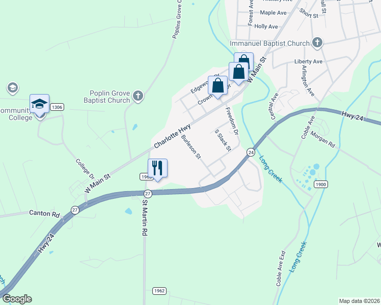 map of restaurants, bars, coffee shops, grocery stores, and more near 111 Burleson Street in Albemarle