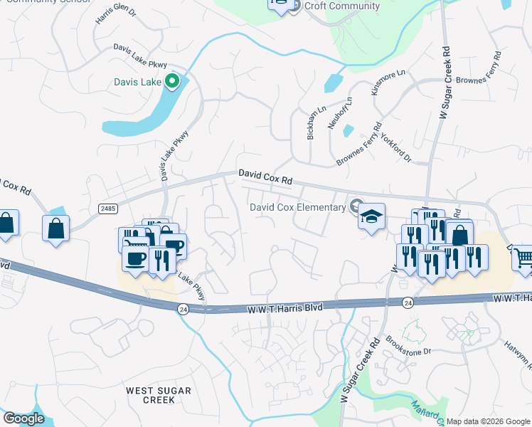 map of restaurants, bars, coffee shops, grocery stores, and more near 8404 Larkmead Forest Drive in Charlotte