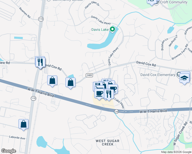 map of restaurants, bars, coffee shops, grocery stores, and more near 4973 David Cox Road in Charlotte