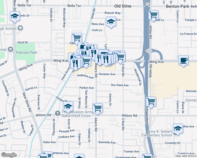 map of restaurants, bars, coffee shops, grocery stores, and more near 1939 Driftwood Street in Bakersfield