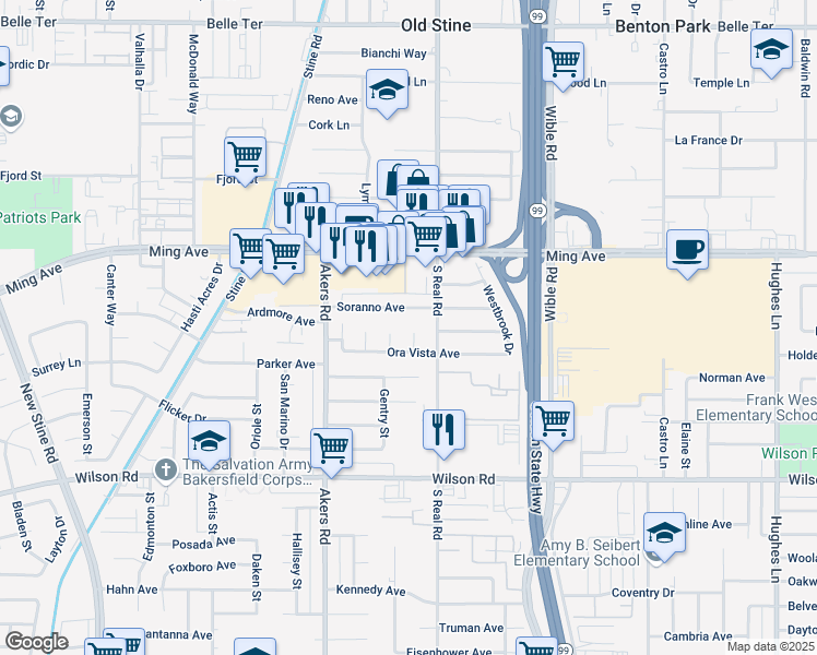 map of restaurants, bars, coffee shops, grocery stores, and more near 1939 Juniper Court in Bakersfield