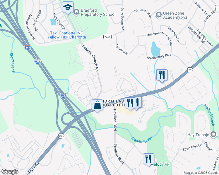map of restaurants, bars, coffee shops, grocery stores, and more near 1830 State Road 2469 in Charlotte