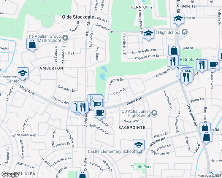 map of restaurants, bars, coffee shops, grocery stores, and more near 6412 Landfair Drive in Bakersfield