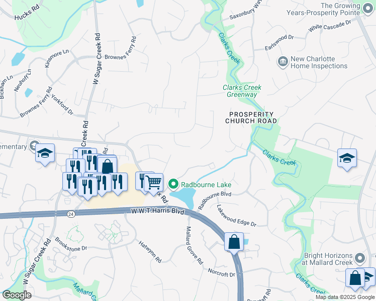map of restaurants, bars, coffee shops, grocery stores, and more near 3529 Mallard Cove Court in Charlotte