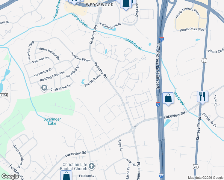 map of restaurants, bars, coffee shops, grocery stores, and more near 8923 Reames Road in Charlotte