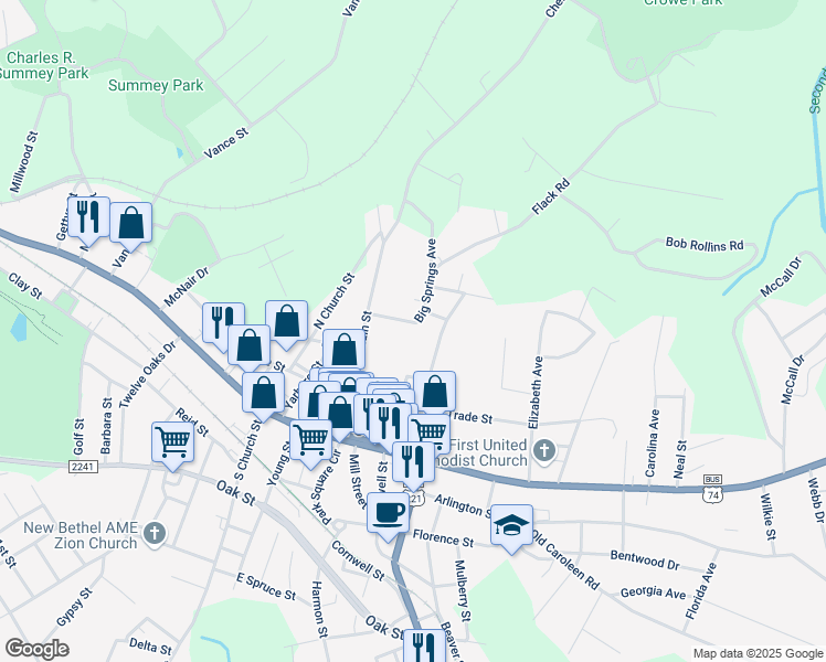 map of restaurants, bars, coffee shops, grocery stores, and more near 154 Big Springs Avenue in Forest City