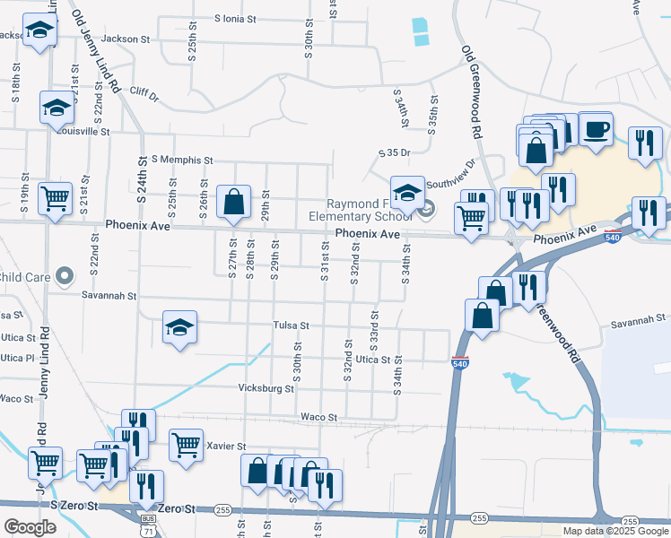 map of restaurants, bars, coffee shops, grocery stores, and more near 4808 South 32nd Street in Fort Smith