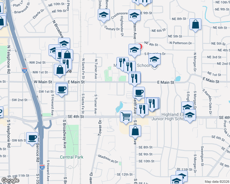 map of restaurants, bars, coffee shops, grocery stores, and more near 120 Barbour Street in Moore