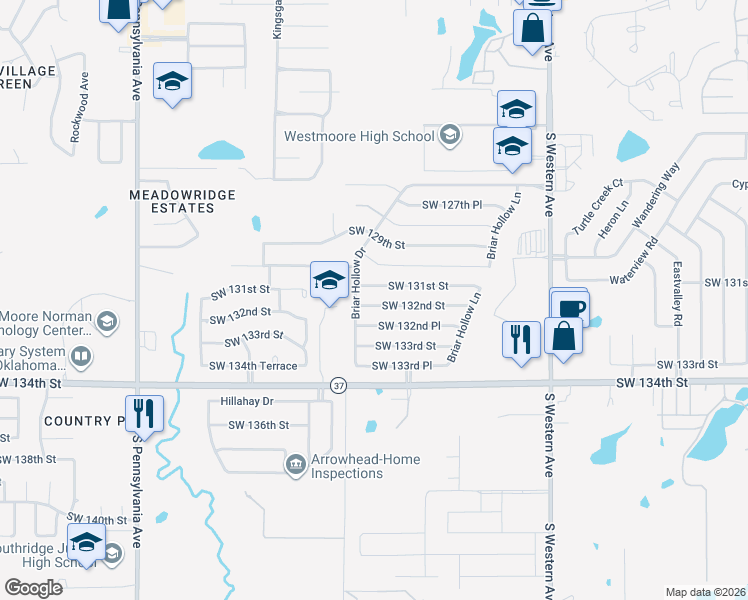 map of restaurants, bars, coffee shops, grocery stores, and more near 1223 Southwest 132nd Street in Oklahoma City