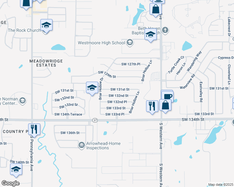 map of restaurants, bars, coffee shops, grocery stores, and more near 1149 Southwest 132nd Street in Oklahoma City