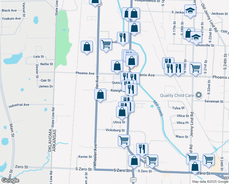 map of restaurants, bars, coffee shops, grocery stores, and more near 1010 Raleigh Street in Fort Smith