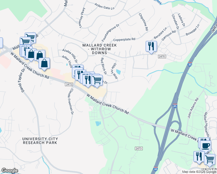 map of restaurants, bars, coffee shops, grocery stores, and more near 9546 Senator Royall Drive in Charlotte
