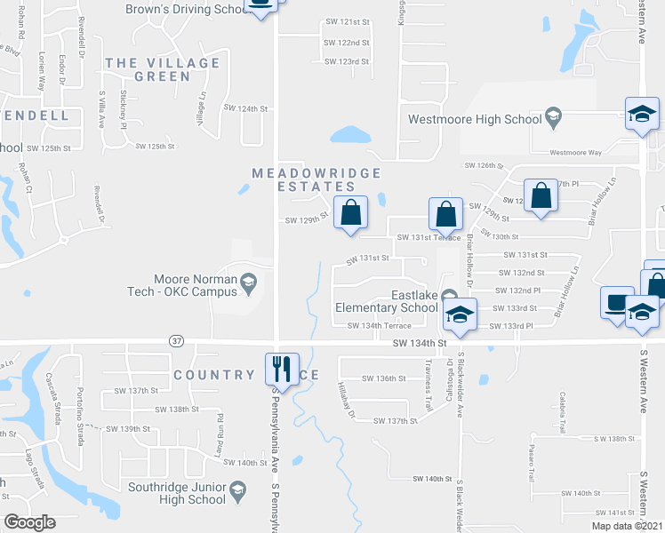 map of restaurants, bars, coffee shops, grocery stores, and more near Southwest 131st Street in Oklahoma City
