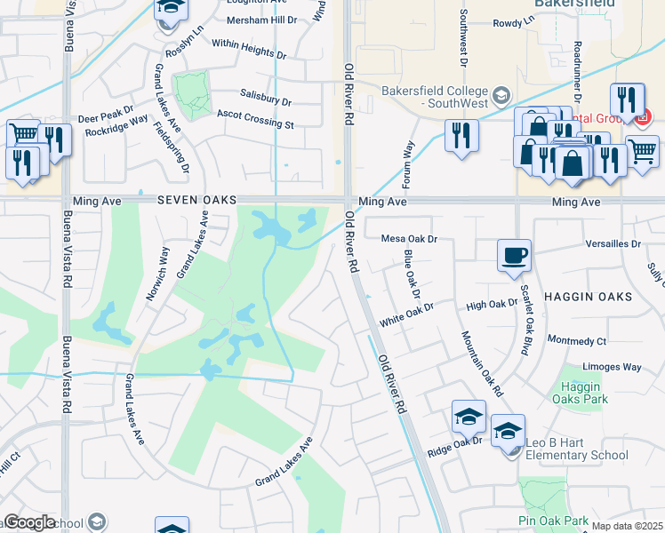 map of restaurants, bars, coffee shops, grocery stores, and more near 10121 Dutch Iris Drive in Bakersfield
