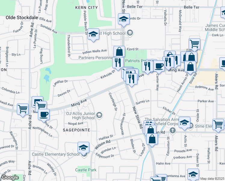 map of restaurants, bars, coffee shops, grocery stores, and more near 5507 Ming Avenue in Bakersfield