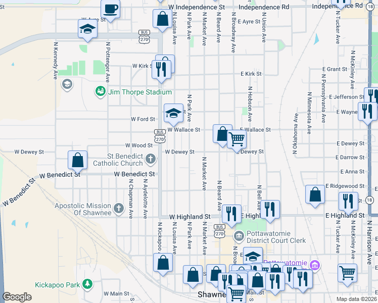 map of restaurants, bars, coffee shops, grocery stores, and more near 700 North Park Avenue in Shawnee