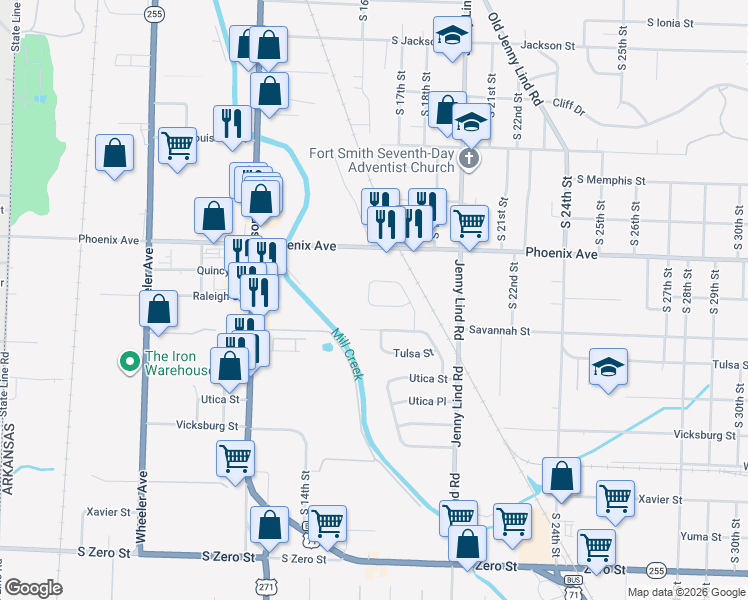 map of restaurants, bars, coffee shops, grocery stores, and more near 4825 South 16th Terrace in Fort Smith