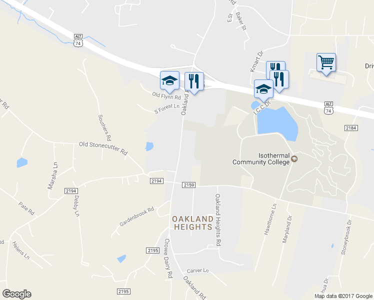 map of restaurants, bars, coffee shops, grocery stores, and more near 733 Oakland Road in Spindale