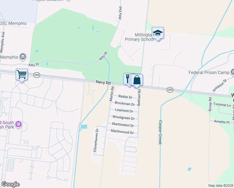 map of restaurants, bars, coffee shops, grocery stores, and more near 6304 Raible Drive in Millington