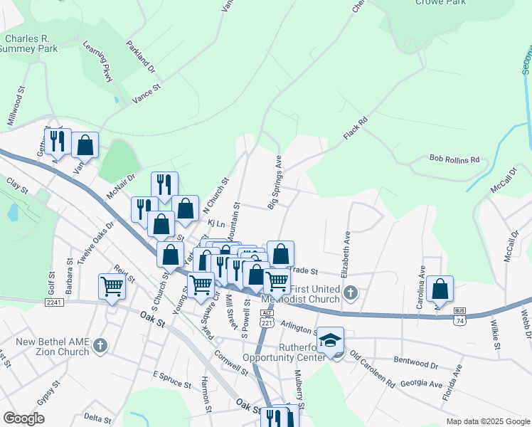 map of restaurants, bars, coffee shops, grocery stores, and more near 154 Big Springs Avenue in Forest City