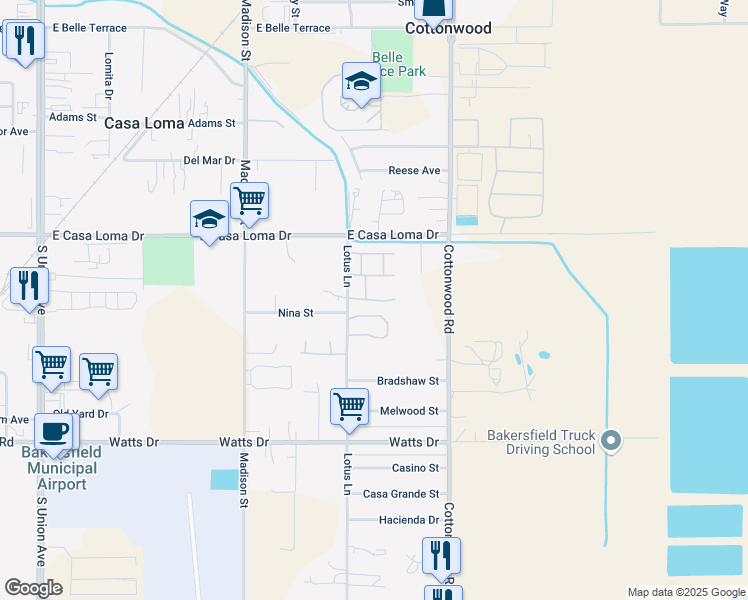 map of restaurants, bars, coffee shops, grocery stores, and more near 1664-1698 Lotus Lane in Bakersfield
