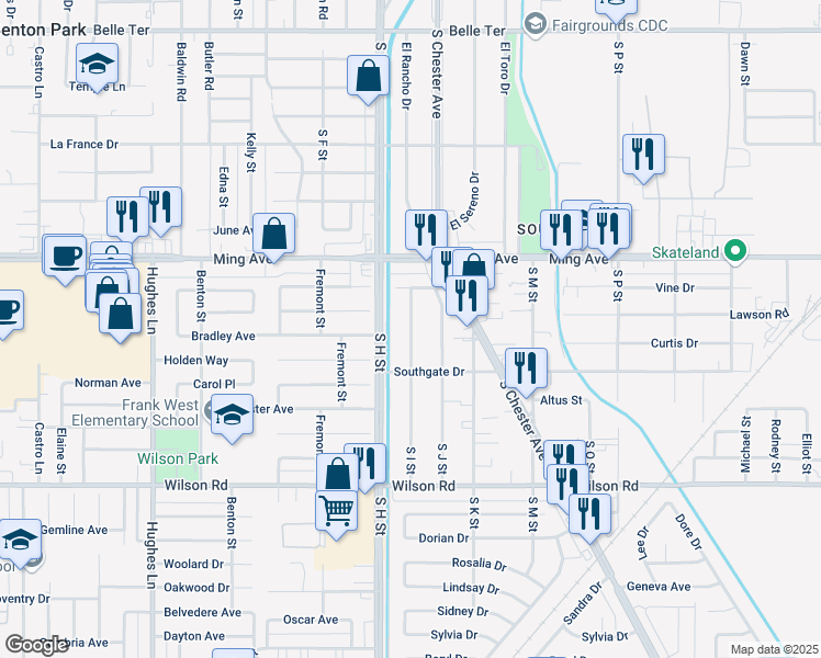 map of restaurants, bars, coffee shops, grocery stores, and more near 1921 South I Street in Bakersfield