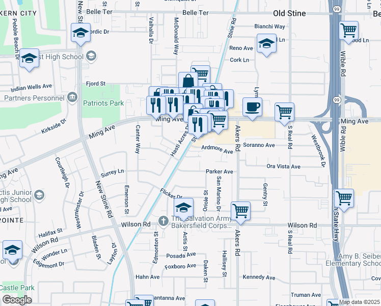 map of restaurants, bars, coffee shops, grocery stores, and more near 1970 Stine Road in Bakersfield