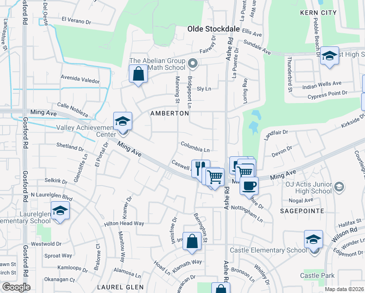 map of restaurants, bars, coffee shops, grocery stores, and more near 1907 Manning Street in Bakersfield