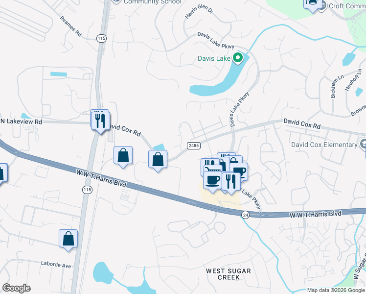 map of restaurants, bars, coffee shops, grocery stores, and more near 5305 Harris Cove Drive in Charlotte