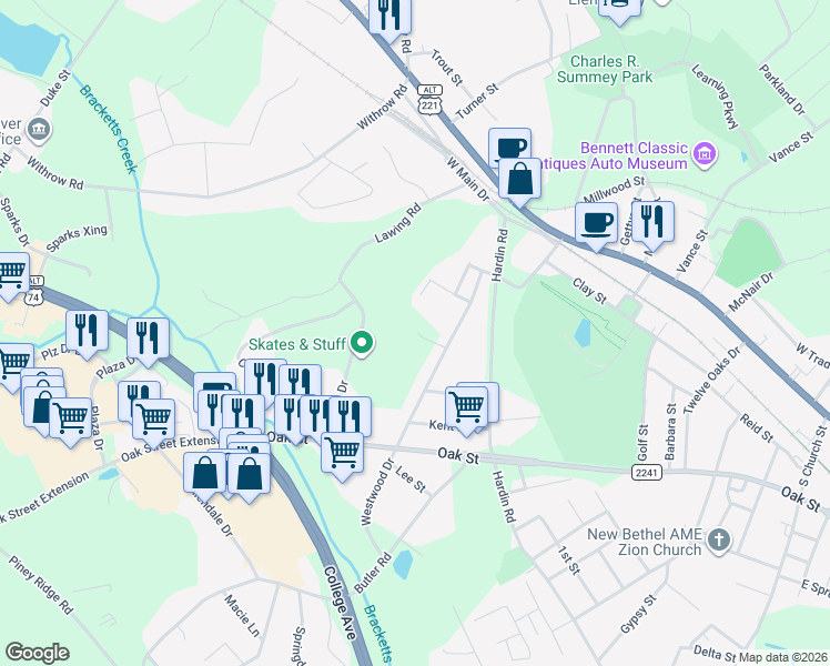 map of restaurants, bars, coffee shops, grocery stores, and more near 209 Westwood Drive in Forest City