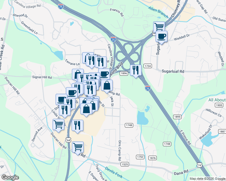 map of restaurants, bars, coffee shops, grocery stores, and more near 125 Orrs Camp Road in Hendersonville