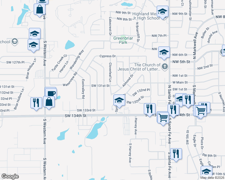 map of restaurants, bars, coffee shops, grocery stores, and more near 13213 Cloverleaf Lane in Oklahoma City