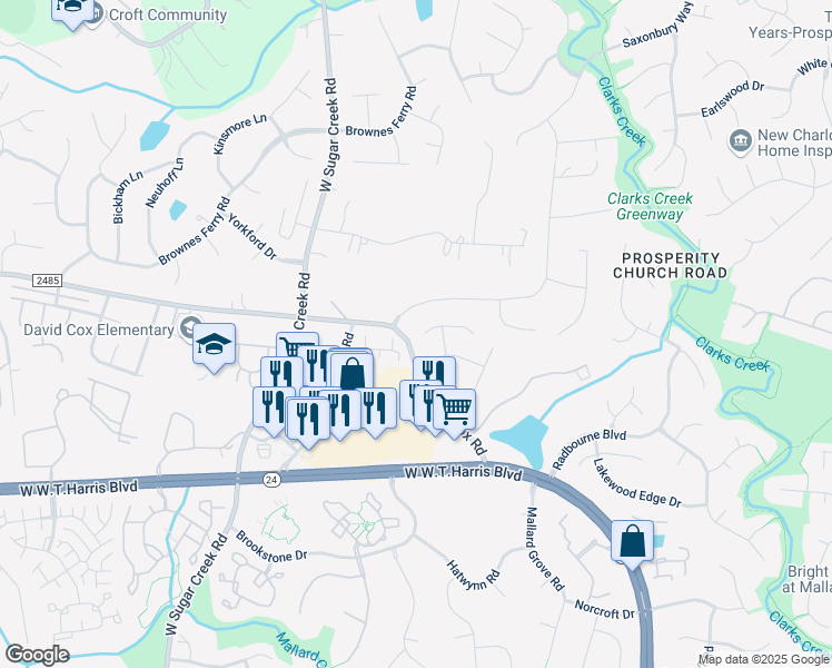 map of restaurants, bars, coffee shops, grocery stores, and more near 11801 Harris Ridge Drive in Charlotte