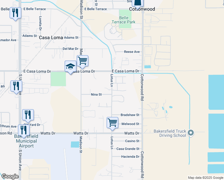 map of restaurants, bars, coffee shops, grocery stores, and more near 1664 Lotus Lane in Bakersfield