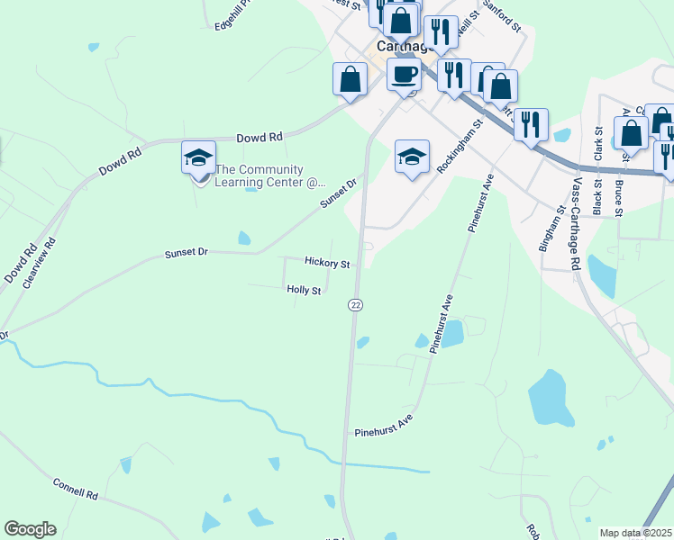 map of restaurants, bars, coffee shops, grocery stores, and more near 103 Hickory Street in Carthage