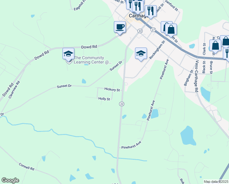 map of restaurants, bars, coffee shops, grocery stores, and more near 103 Hickory Street in Carthage