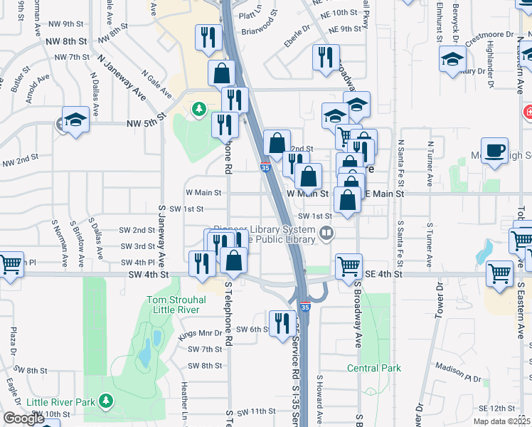 map of restaurants, bars, coffee shops, grocery stores, and more near 510 Southwest 1st Street in Moore