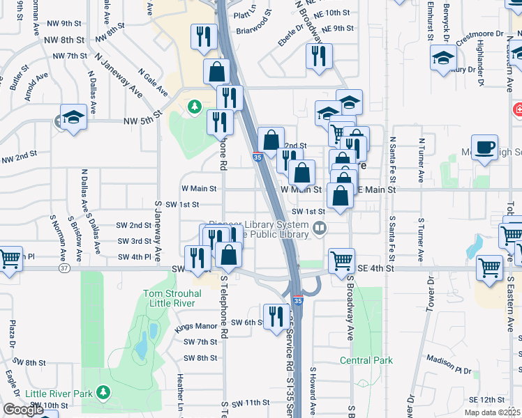 map of restaurants, bars, coffee shops, grocery stores, and more near 510 Southwest 1st Street in Moore