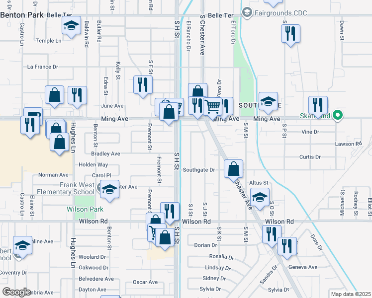 map of restaurants, bars, coffee shops, grocery stores, and more near 1921 South I Street in Bakersfield