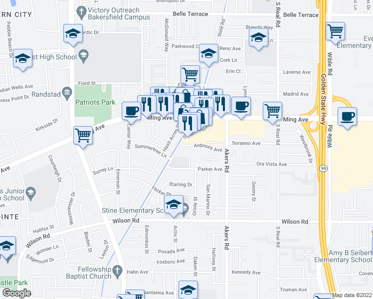 map of restaurants, bars, coffee shops, grocery stores, and more near 1970 Stine Road in Bakersfield